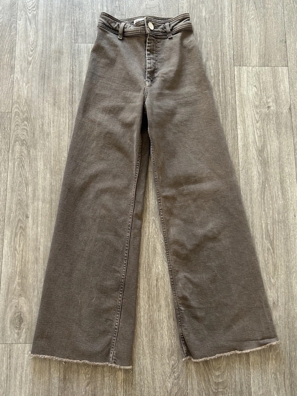 Zara The Marine Straight Brown Wide Leg High Rise Jeans Raw Hem Size 0